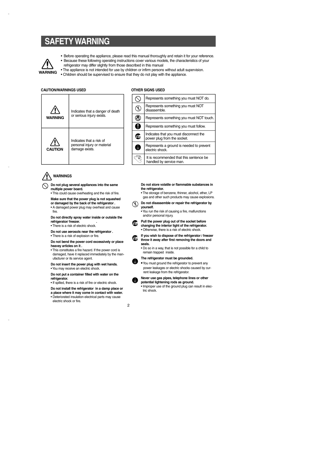 Samsung DA99-00275B owner manual Safety Warning, Caution/Warnings Used, Other Signs Used 