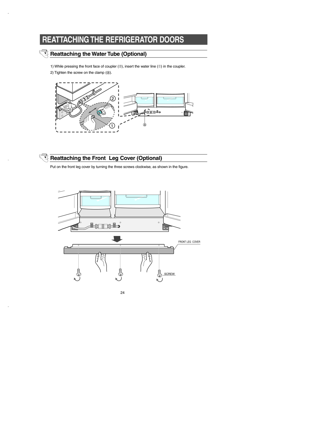 Samsung DA99-00275B owner manual Reattaching the Water Tube Optional, Reattaching the Front Leg Cover Optional 