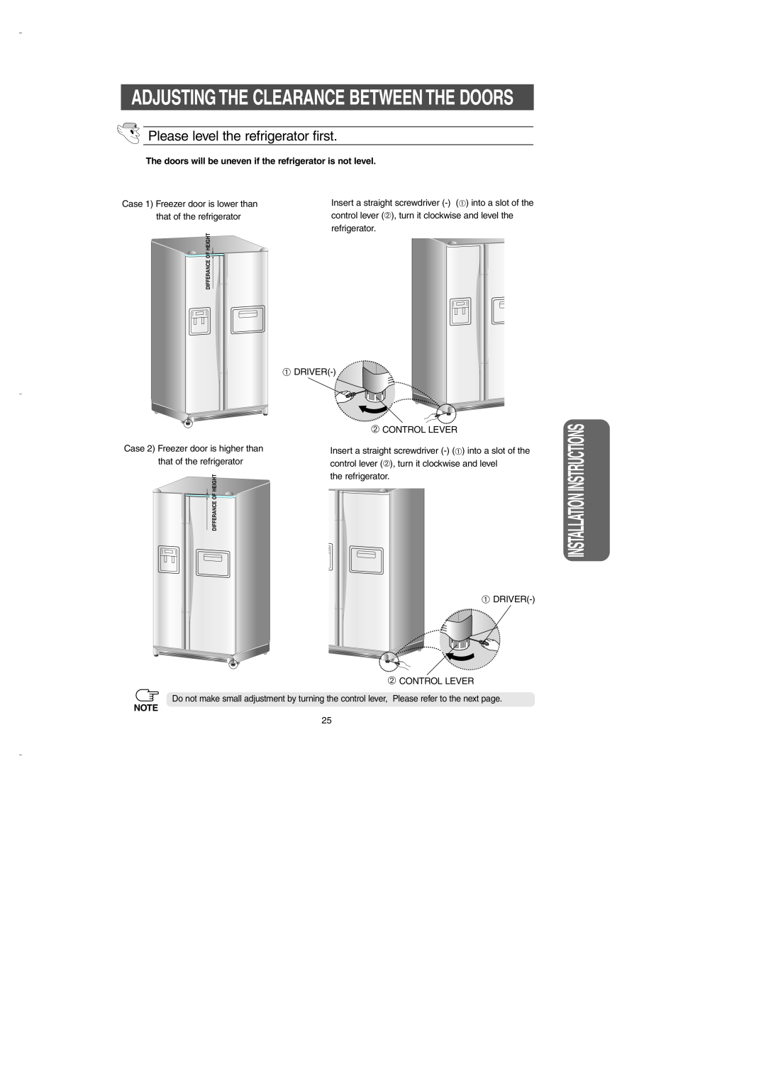 Samsung DA99-00275B owner manual Installation Instructions, Please level the refrigerator first, Differance Of Height 
