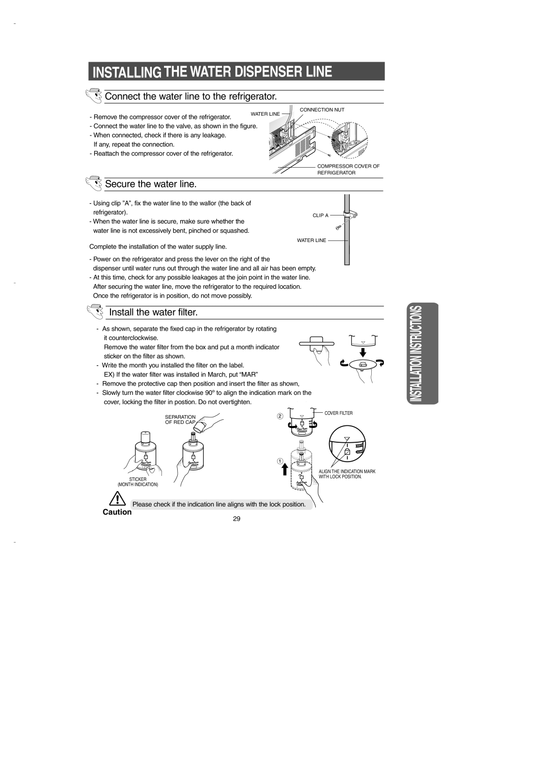 Samsung DA99-00275B owner manual Installing The Water Dispenser Line, Secure the water line, Install the water filter 