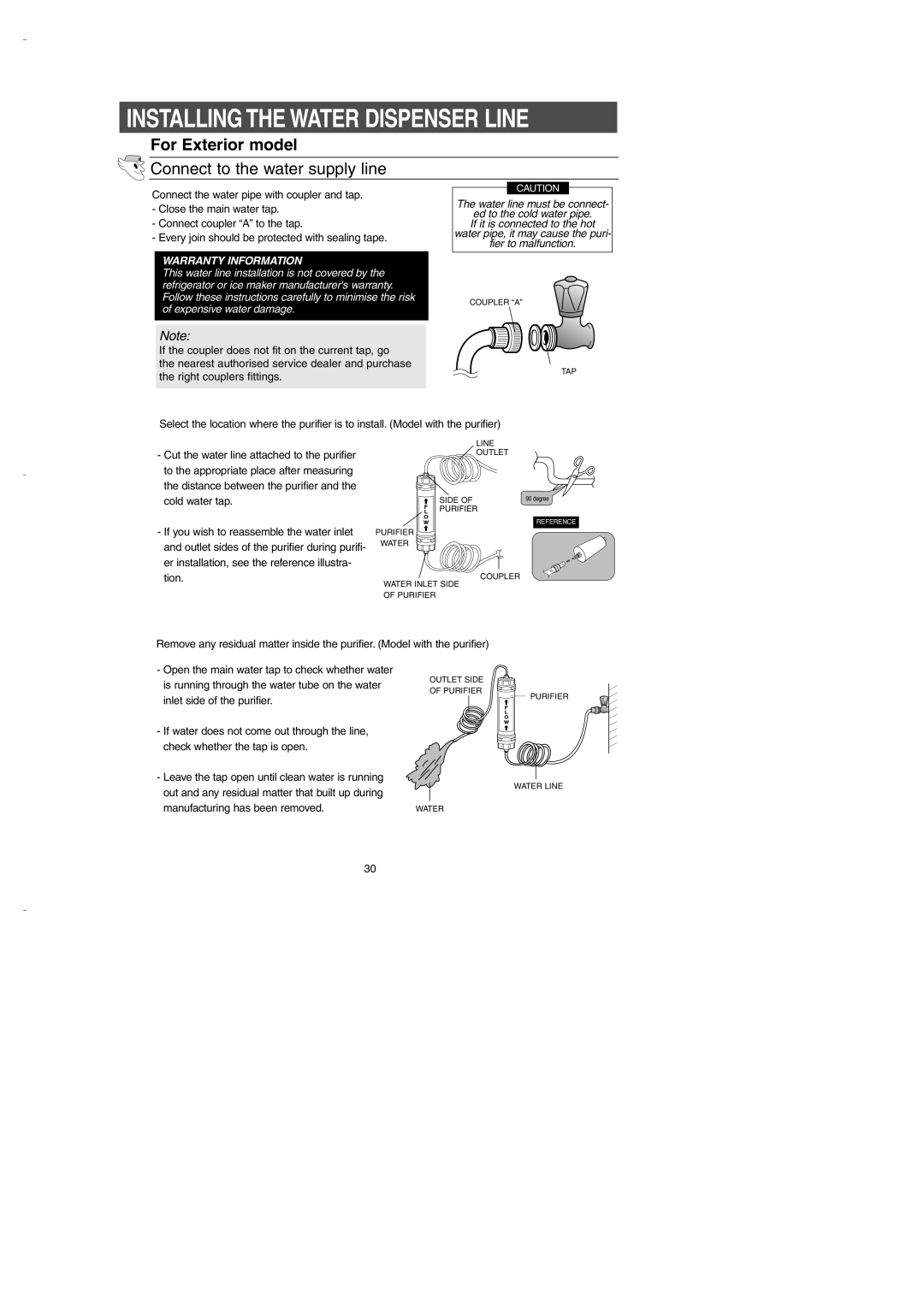 Samsung DA99-00275B owner manual For Exterior model, Connect to the water supply line, Installing The Water Dispenser Line 