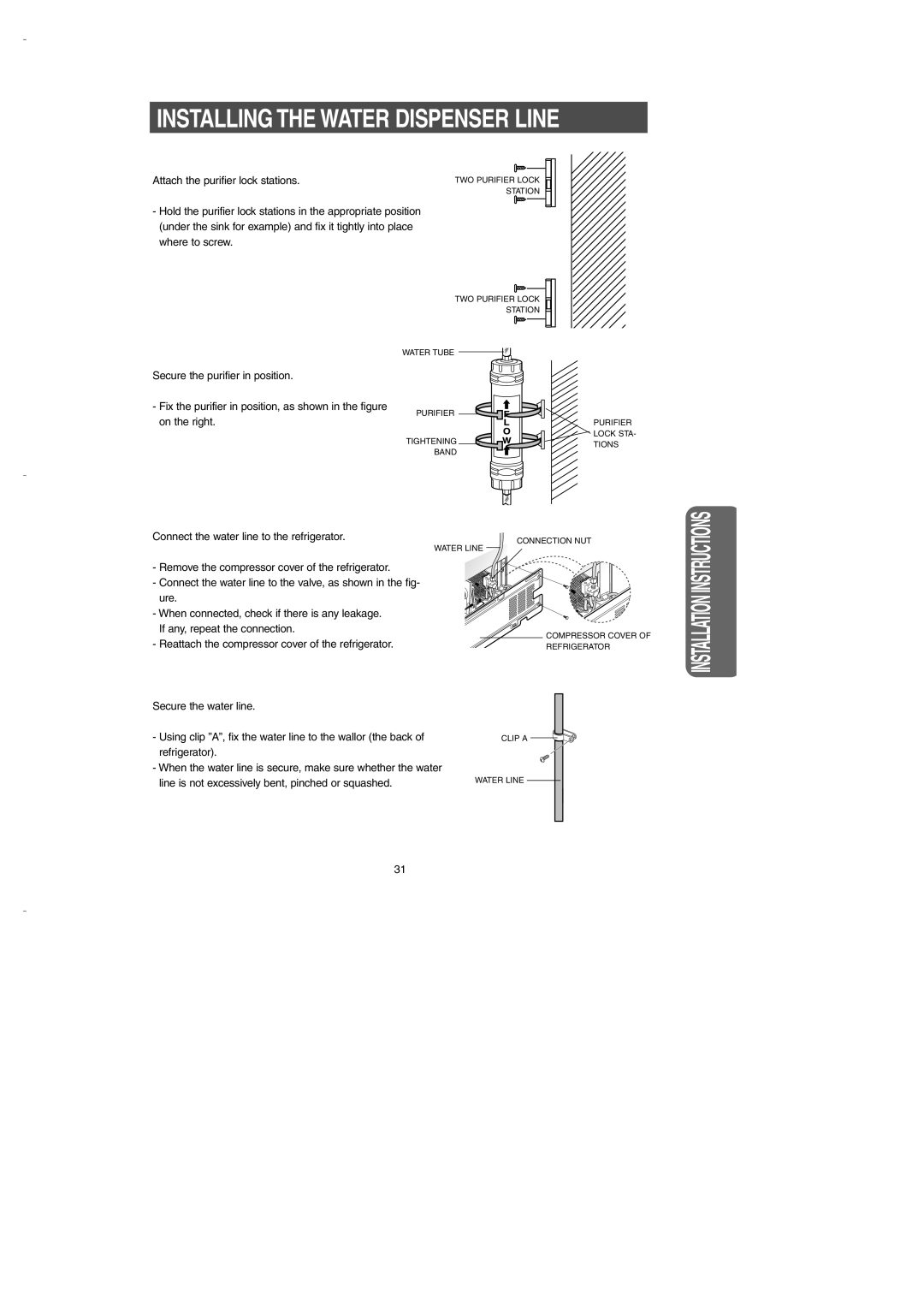 Samsung DA99-00275B owner manual Installing The Water Dispenser Line, Installation Instructions, Two Purifier Lock 