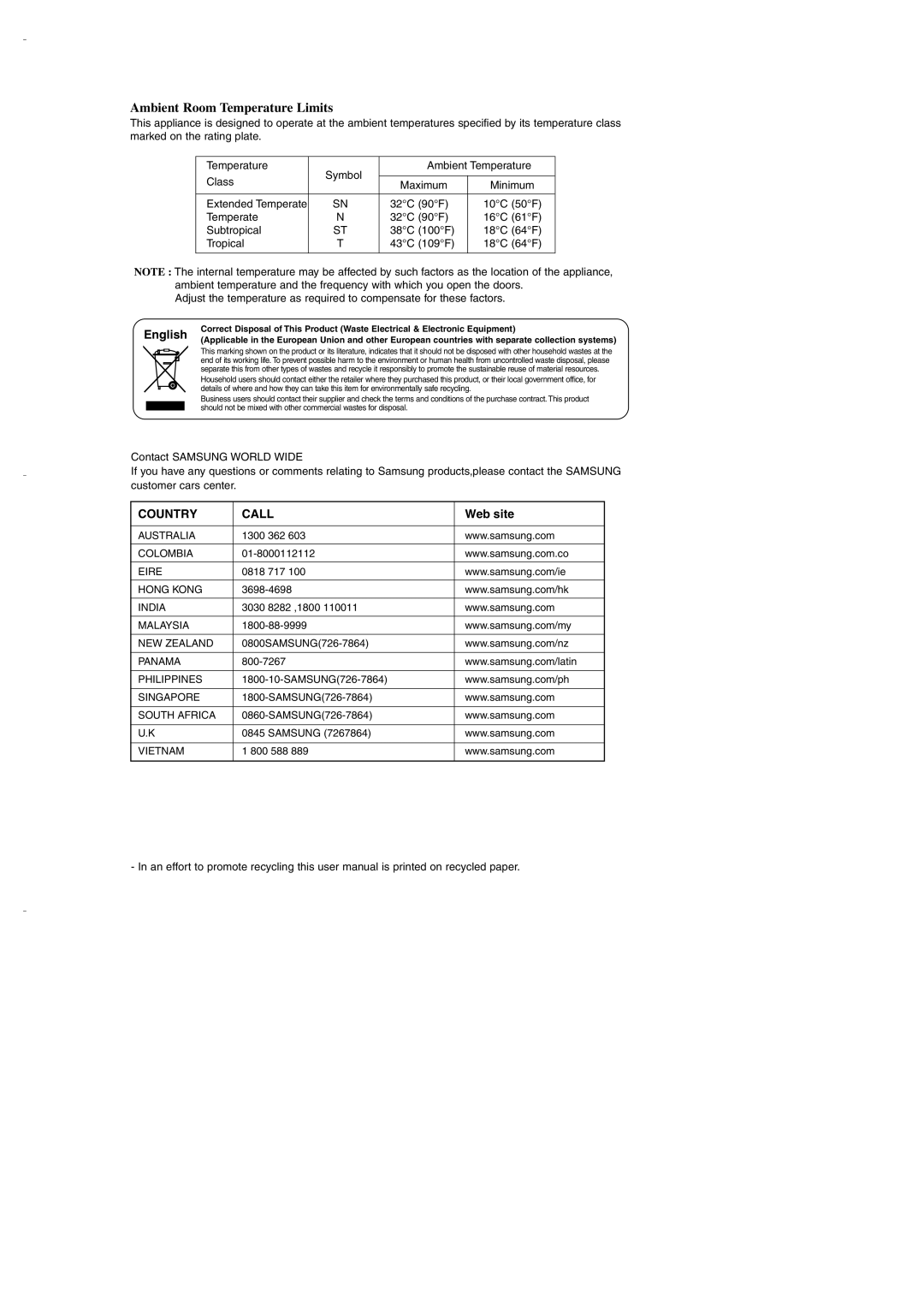 Samsung DA99-00275B owner manual Ambient Room Temperature Limits, English, Country, Call, Web site 