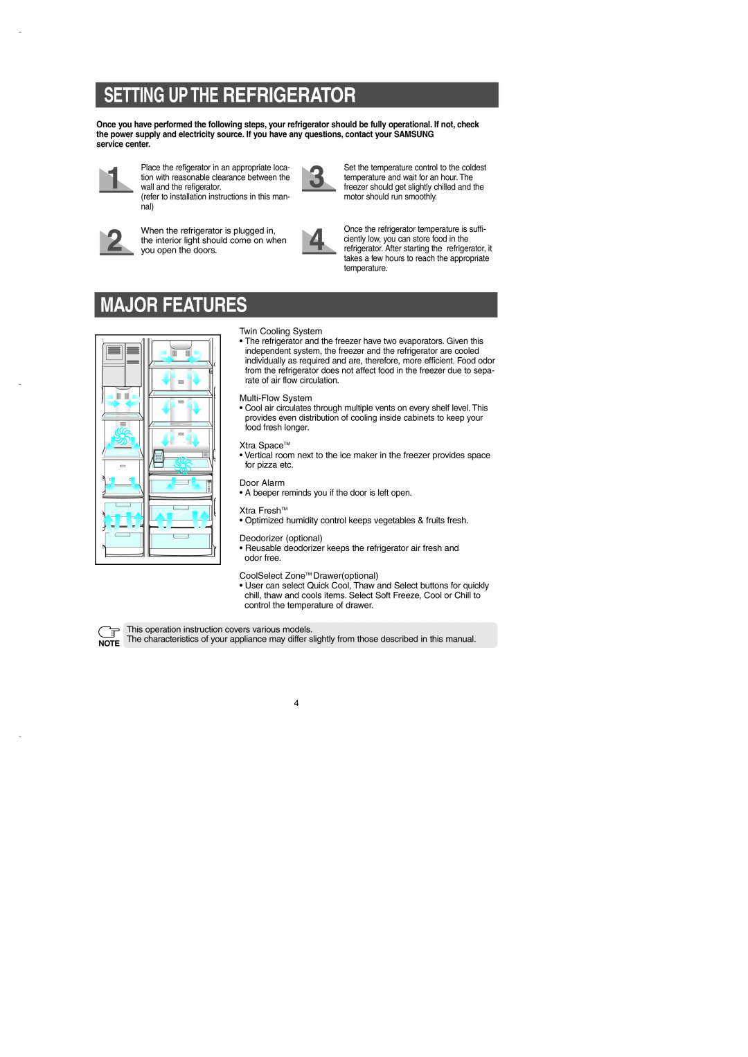 Samsung DA99-00275B owner manual Setting Up The Refrigerator, Major Features, service center 