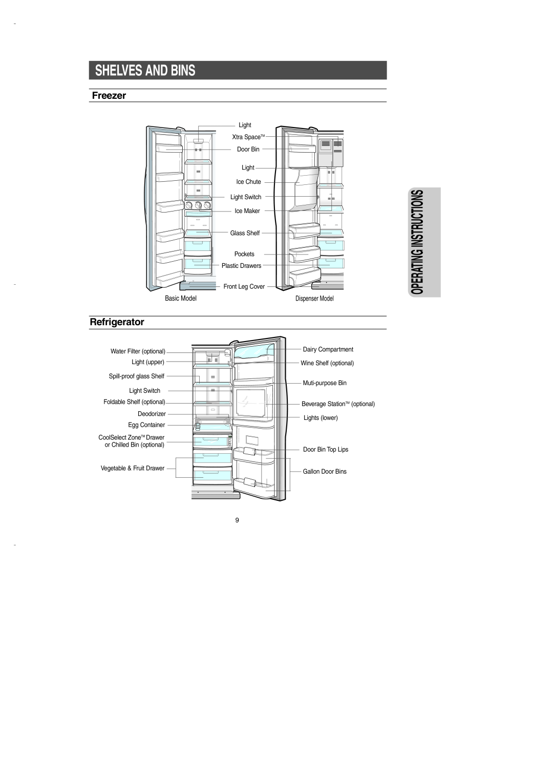 Samsung DA99-00275B owner manual Shelves And Bins, Freezer, Refrigerator, Basic Model, Operating Instructions 