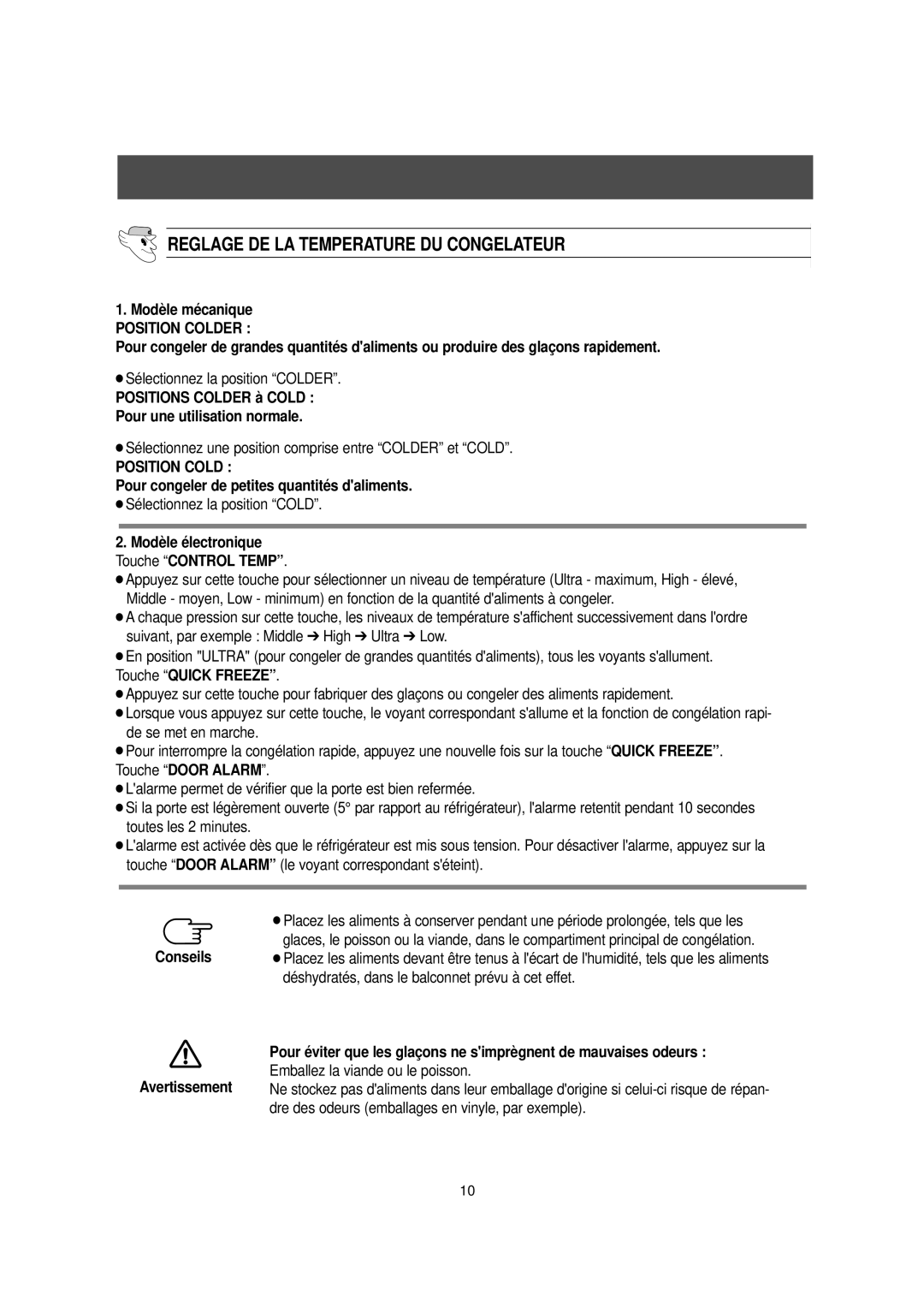 Samsung DA99-00477C manual Reglage DE LA Temperature DU Congelateur, Position Colder 