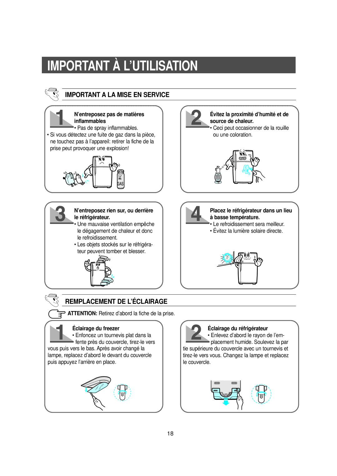 Samsung DA99-00477C manual Important À L’UTILISATION, Important a LA Mise EN Service, Remplacement DE L’ÉCLAIRAGE 