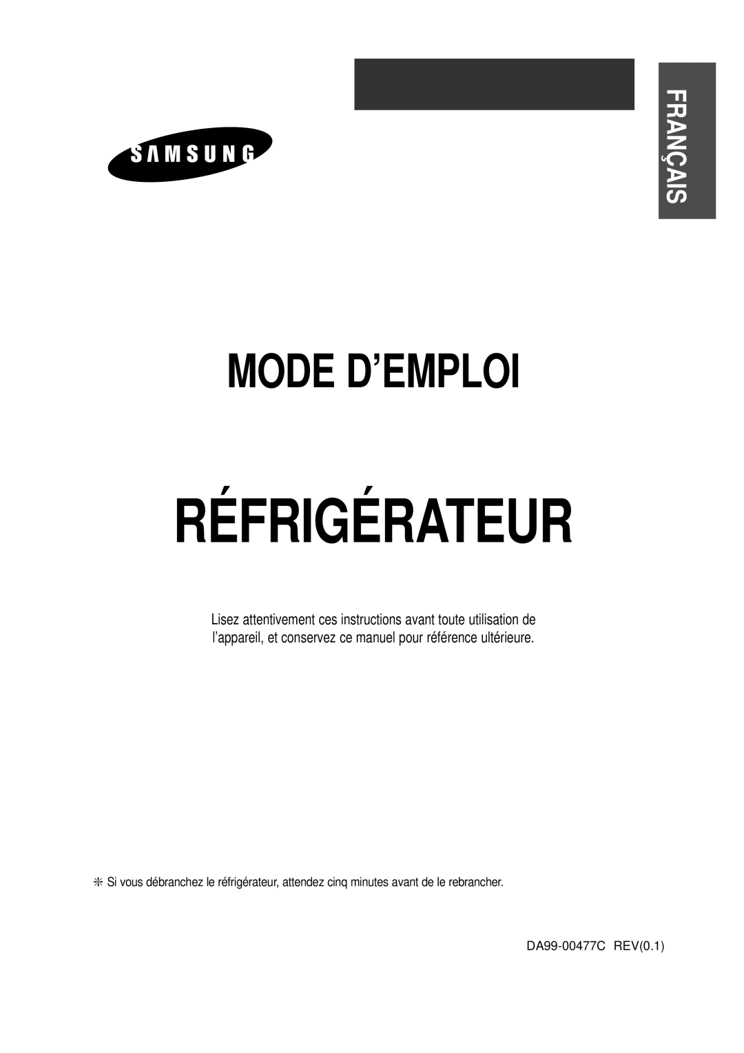 Samsung DA99-00477C manual Réfrigérateur, Mode D’Emploi, Français 