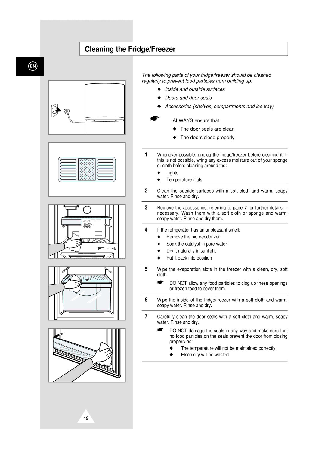 Samsung DA99-00478C instruction manual Cleaning the Fridge/Freezer 