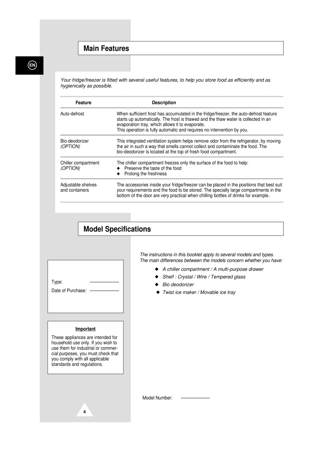 Samsung DA99-00478C instruction manual Main Features, Model Specifications, Feature Description 