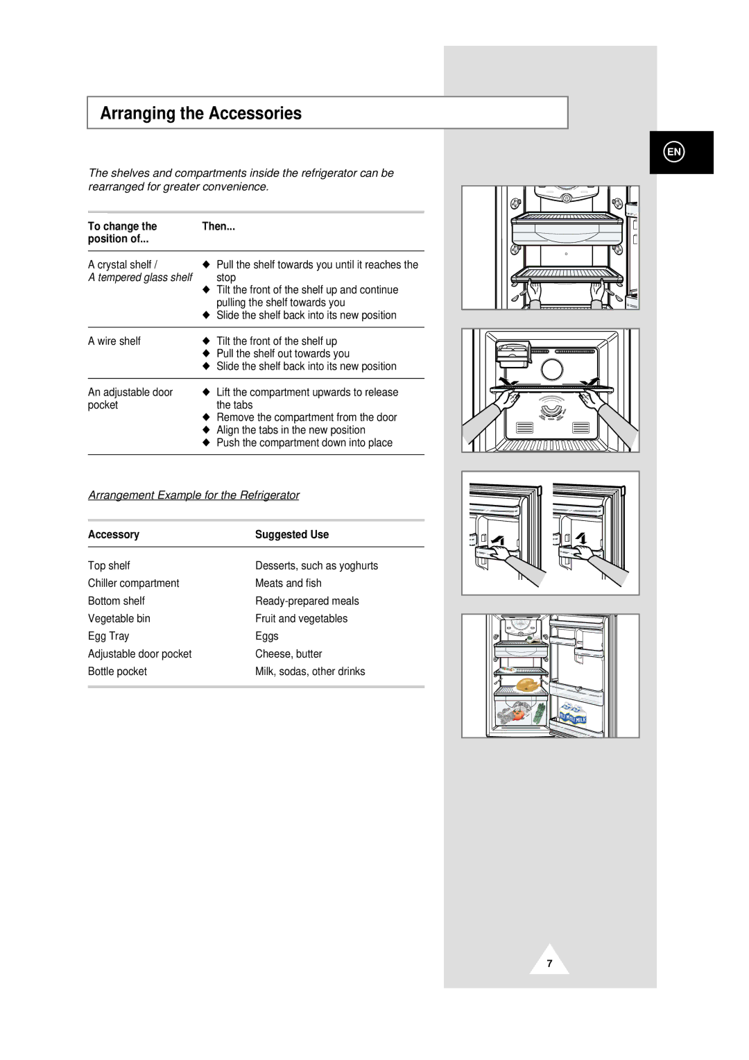 Samsung DA99-00478C instruction manual Arranging the Accessories, To change Then Position, Accessory Suggested Use 