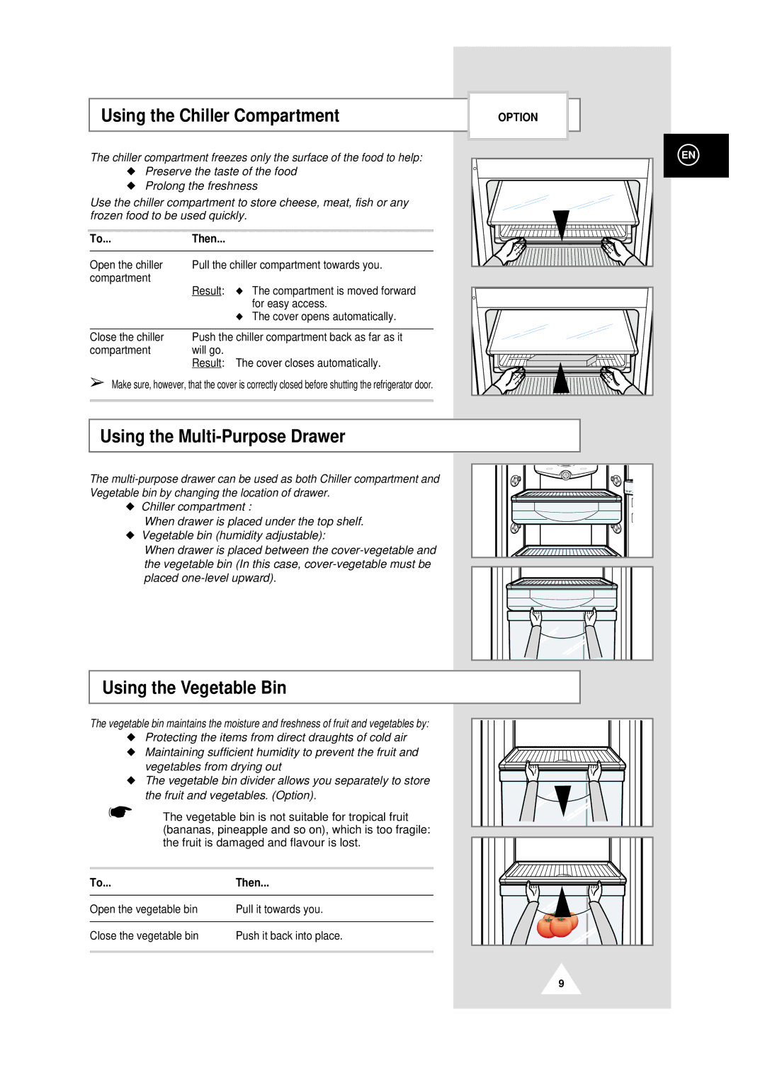 Samsung DA99-00478C Using the Chiller Compartment, Using the Multi-Purpose Drawer, Using the Vegetable Bin 