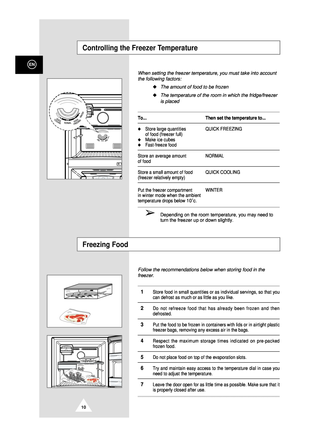 Samsung DA99-00478C instruction manual Controlling the Freezer Temperature, Freezing Food, Then set the temperature to 