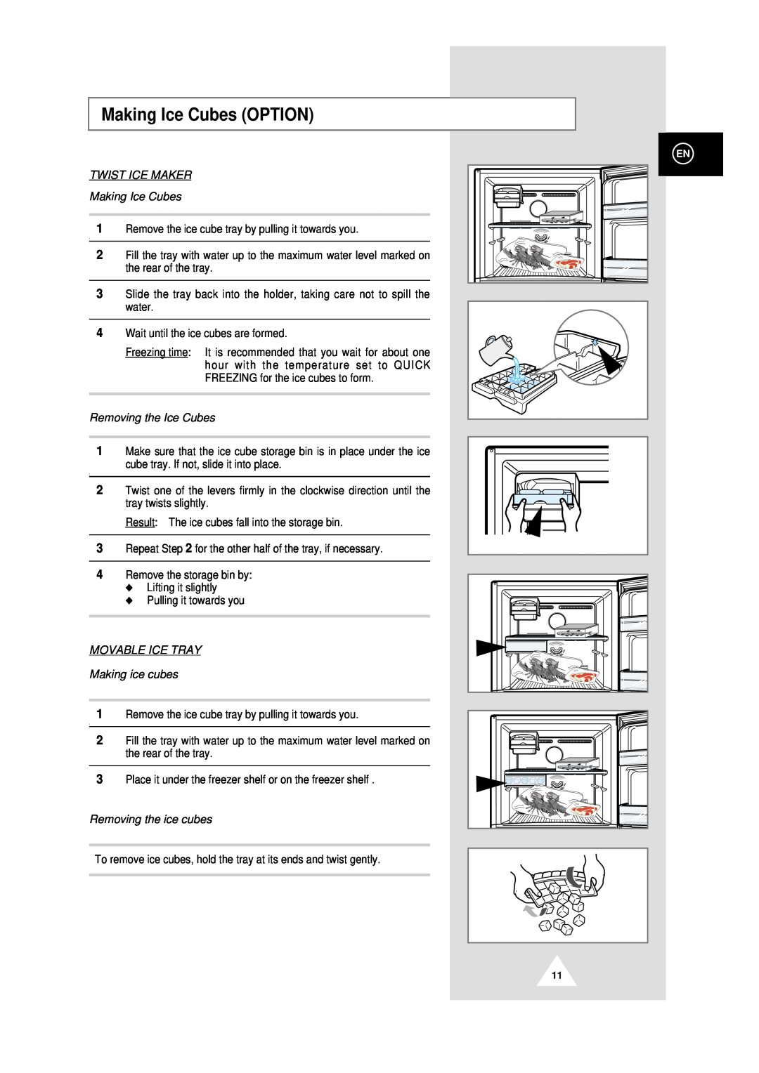 Samsung DA99-00478C instruction manual Making Ice Cubes OPTION, TWIST ICE MAKER Making Ice Cubes, Removing the Ice Cubes 