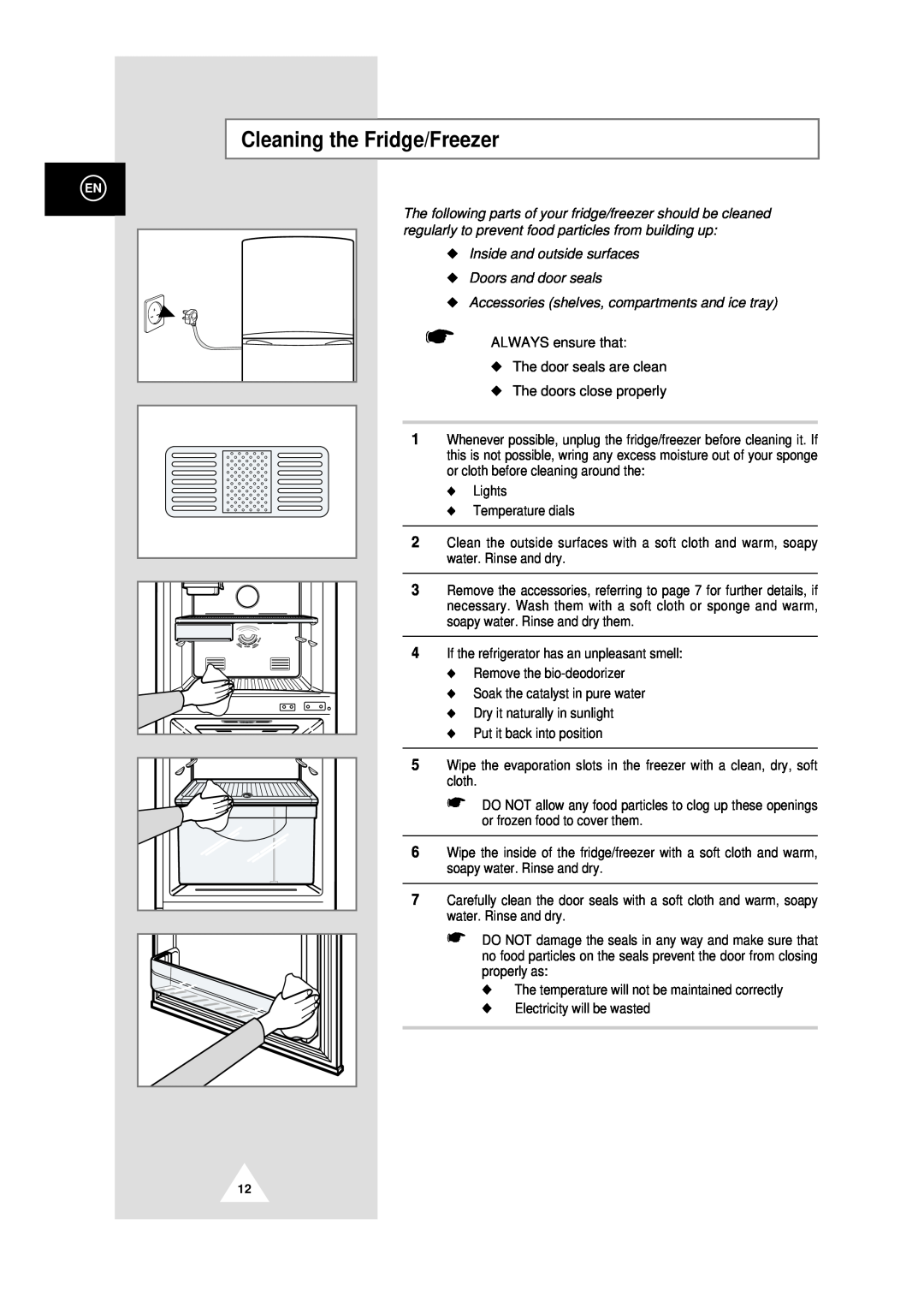 Samsung DA99-00478C instruction manual Cleaning the Fridge/Freezer, Inside and outside surfaces Doors and door seals 