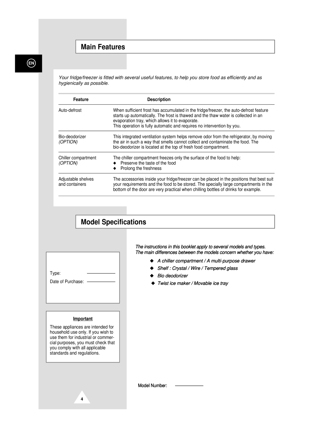 Samsung DA99-00478C instruction manual Main Features, Model Specifications, Description 
