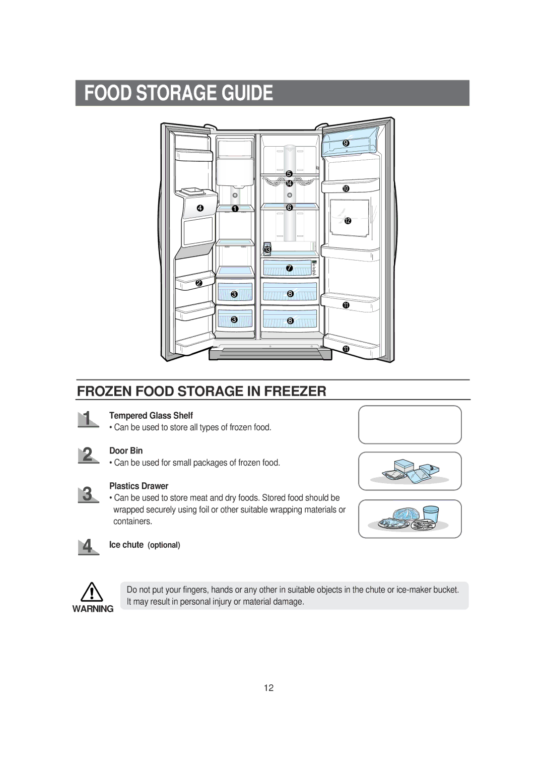 Samsung DA99-00494B owner manual Food Storage Guide, Tempered Glass Shelf, Door Bin, Plastics Drawer, Ice chute optional 