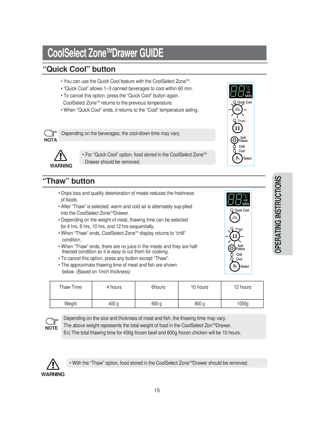 Samsung DA99-00494B owner manual Quick Cool button, Thaw button, 600 g 