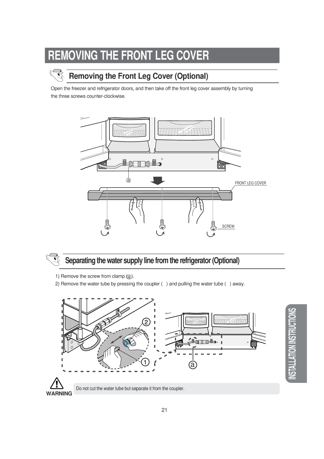 Samsung DA99-00494B owner manual Removing the Front LEG Cover, Removing the Front Leg Cover Optional 