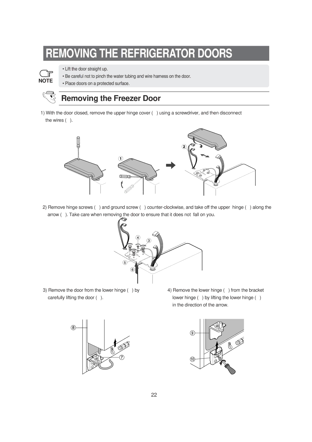 Samsung DA99-00494B owner manual Removing the Refrigerator Doors, Removing the Freezer Door 