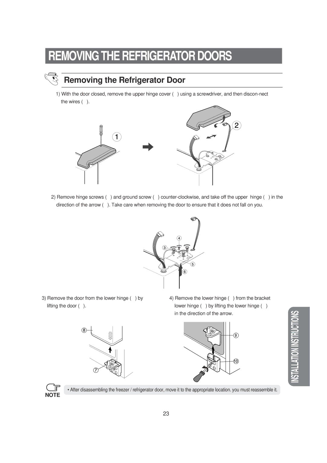 Samsung DA99-00494B owner manual Removing the Refrigerator Door 