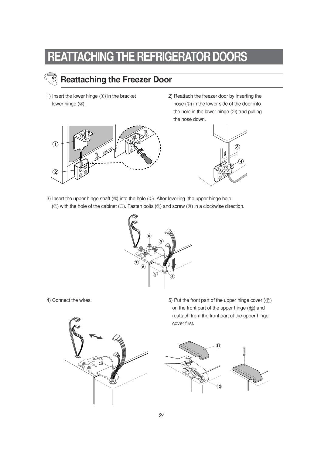 Samsung DA99-00494B owner manual Reattaching the Refrigerator Doors, Reattaching the Freezer Door 