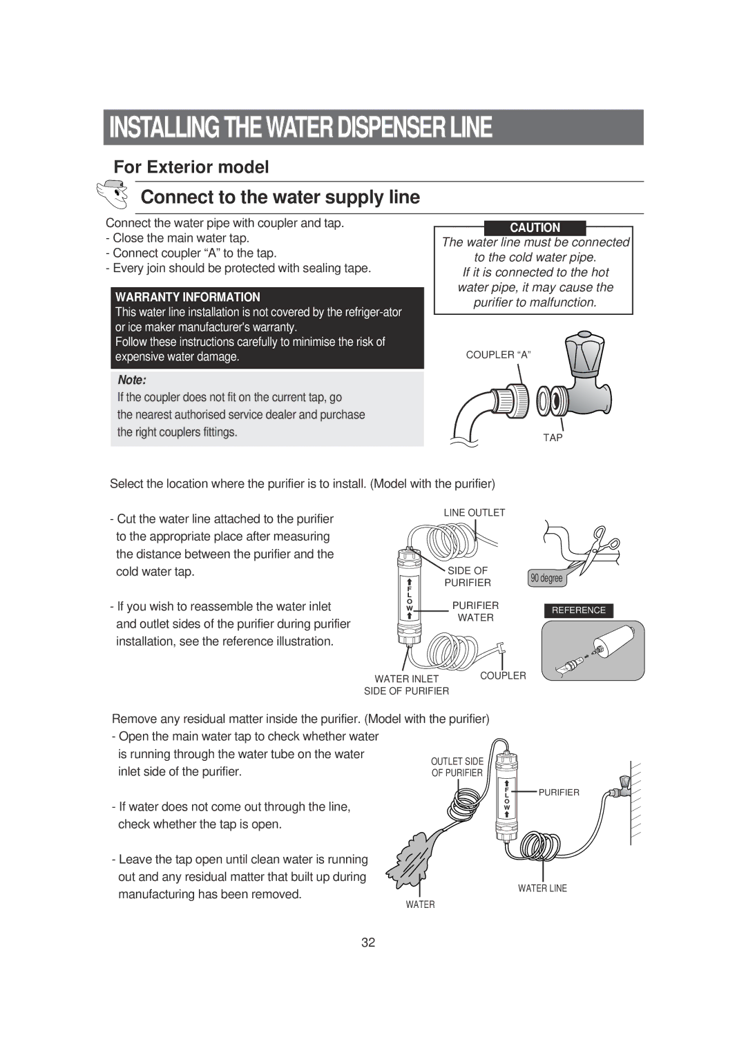 Samsung DA99-00494B owner manual Connect to the water supply line, Warranty Information 