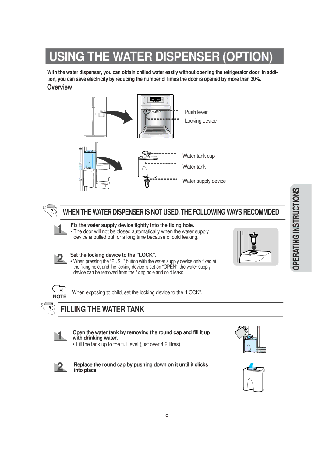 Samsung DA99-00494B Fix the water supply device tightly into the fixing hole, Set the locking device to the Lock 