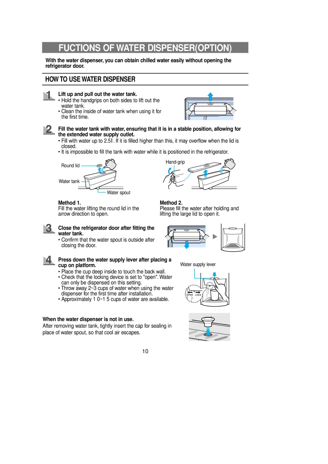 Samsung DA99-00743A owner manual Fuctions of Water Dispenseroption, Lift up and pull out the water tank, Method 