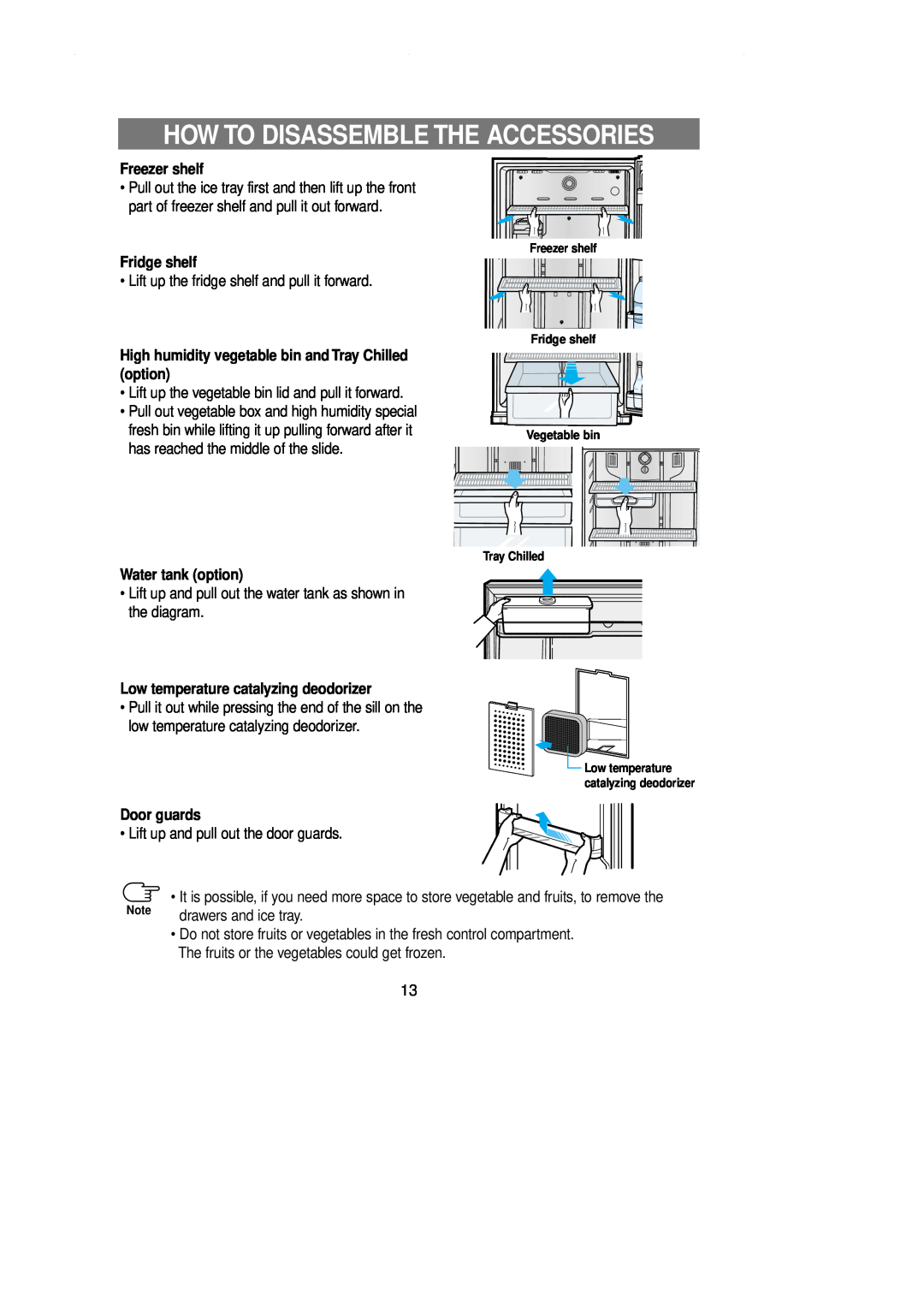 Samsung DA99-00743A How To Disassemble The Accessories, Freezer shelf, Fridge shelf, Water tank option, Door guards 