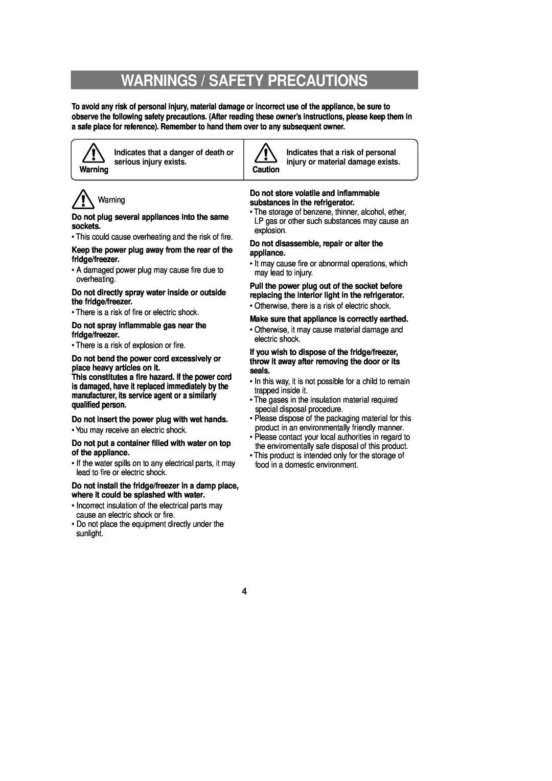 Samsung DA99-00743A Warnings / Safety Precautions, Indicates that a danger of death or serious injury exists. Warning 