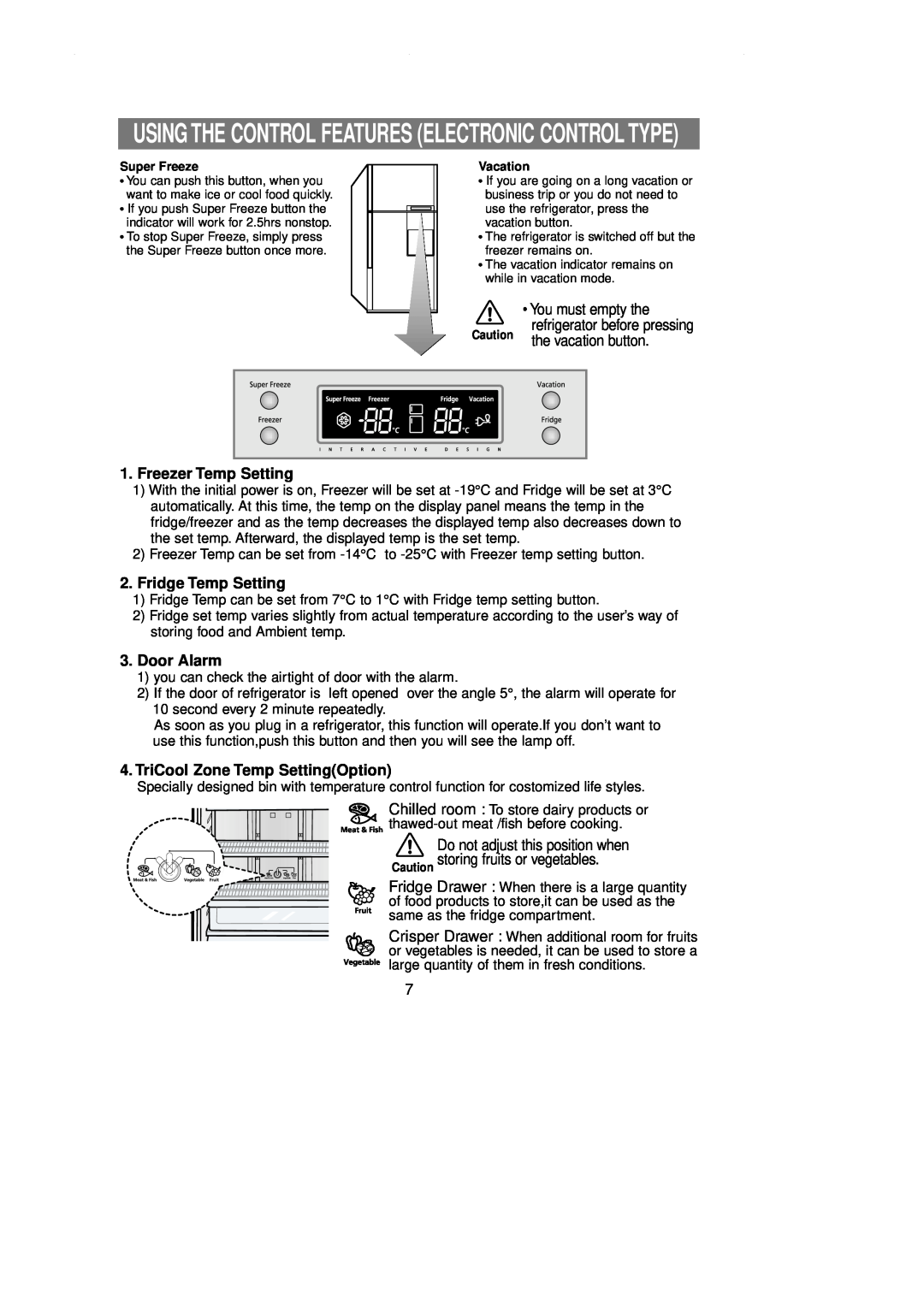 Samsung DA99-00743A owner manual Freezer Temp Setting, Fridge Temp Setting, Door Alarm, TriCool Zone Temp SettingOption 