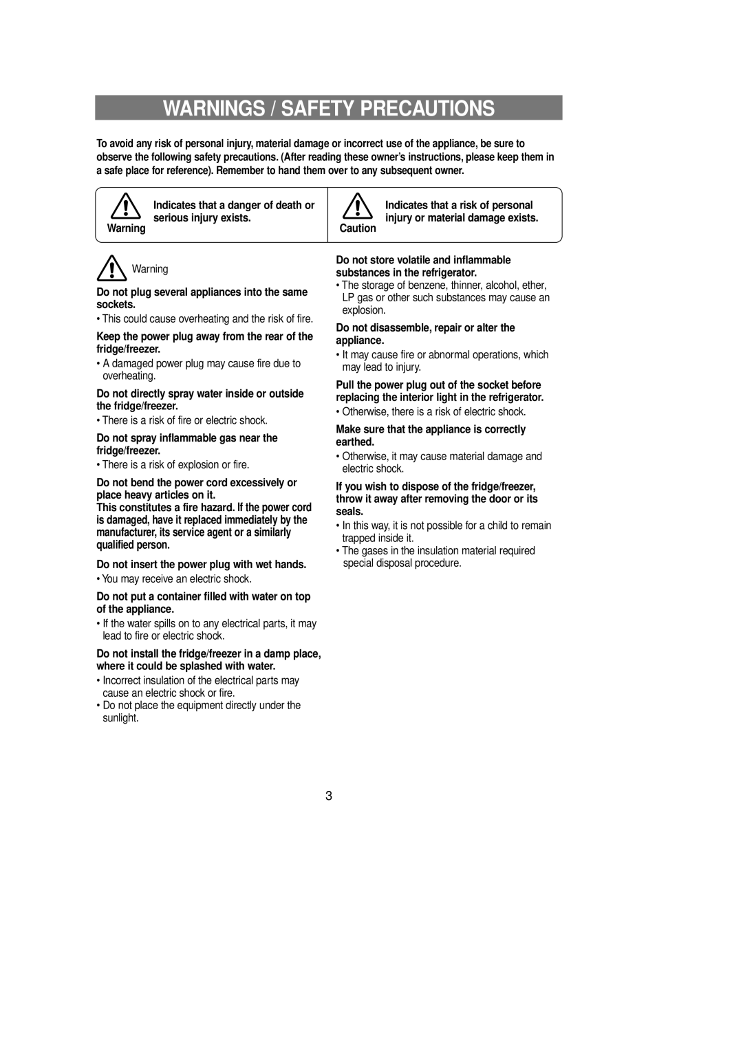 Samsung DA99-00849A Do not spray inflammable gas near the fridge/freezer, Do not insert the power plug with wet hands 