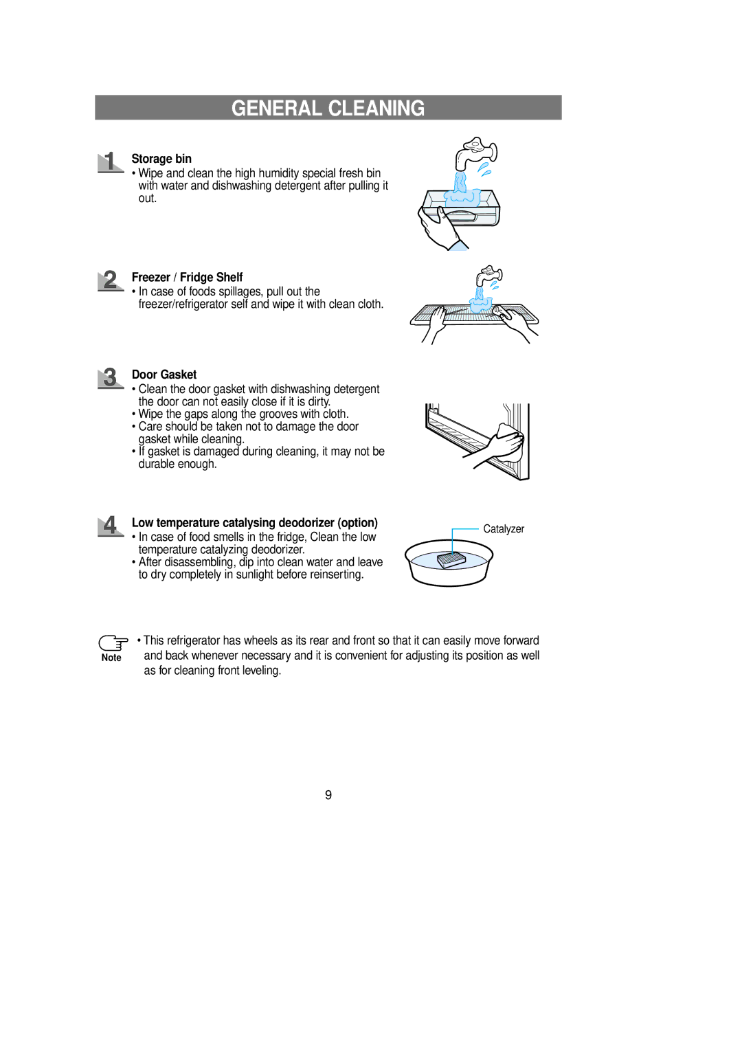 Samsung DA99-00849A owner manual General Cleaning, Storage bin, Freezer / Fridge Shelf, Door Gasket 