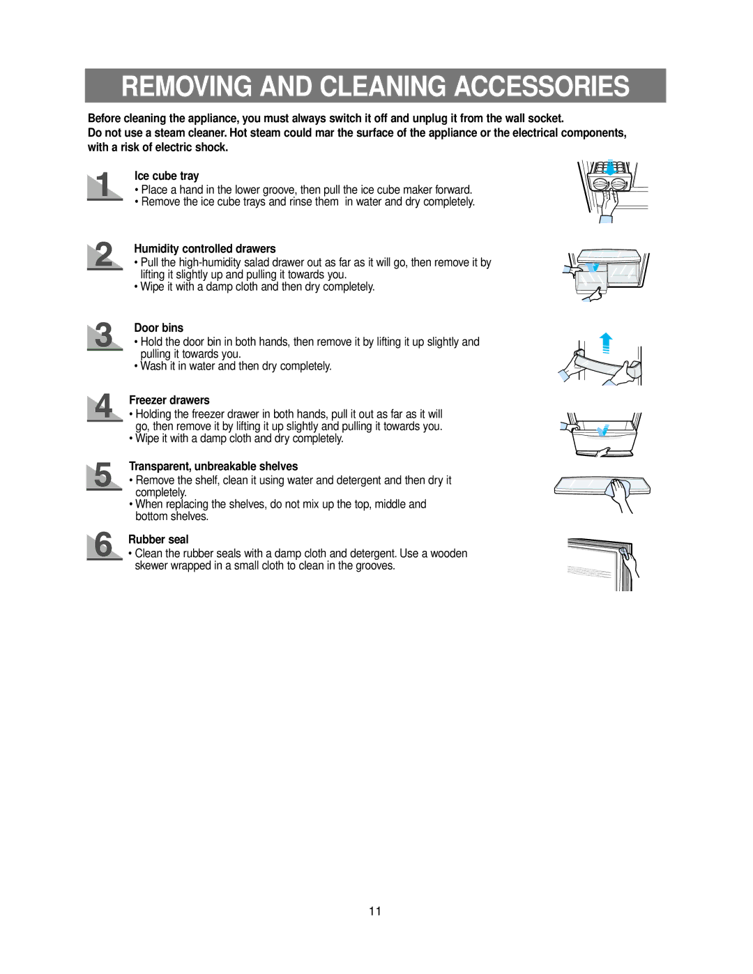 Samsung DA99-00926B owner manual Removing and Cleaning Accessories, Door bins, Freezer drawers, Rubber seal 