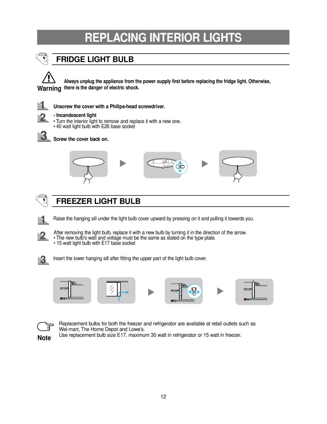 Samsung DA99-00926B owner manual Replacing Interior Lights, Screw the cover back on 