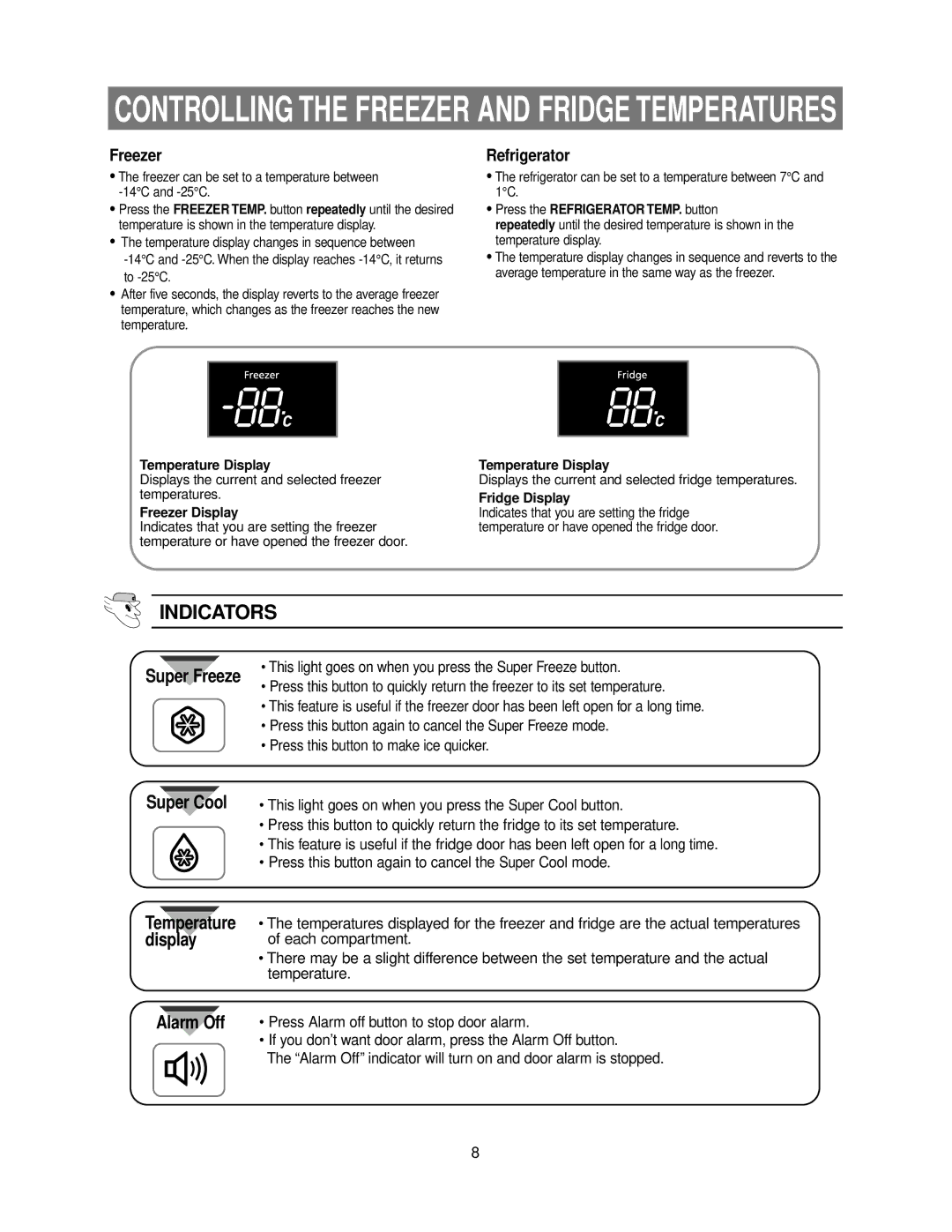 Samsung DA99-00926B owner manual Temperature Display, Freezer Display, Press the Refrigerator TEMP. button, Fridge Display 