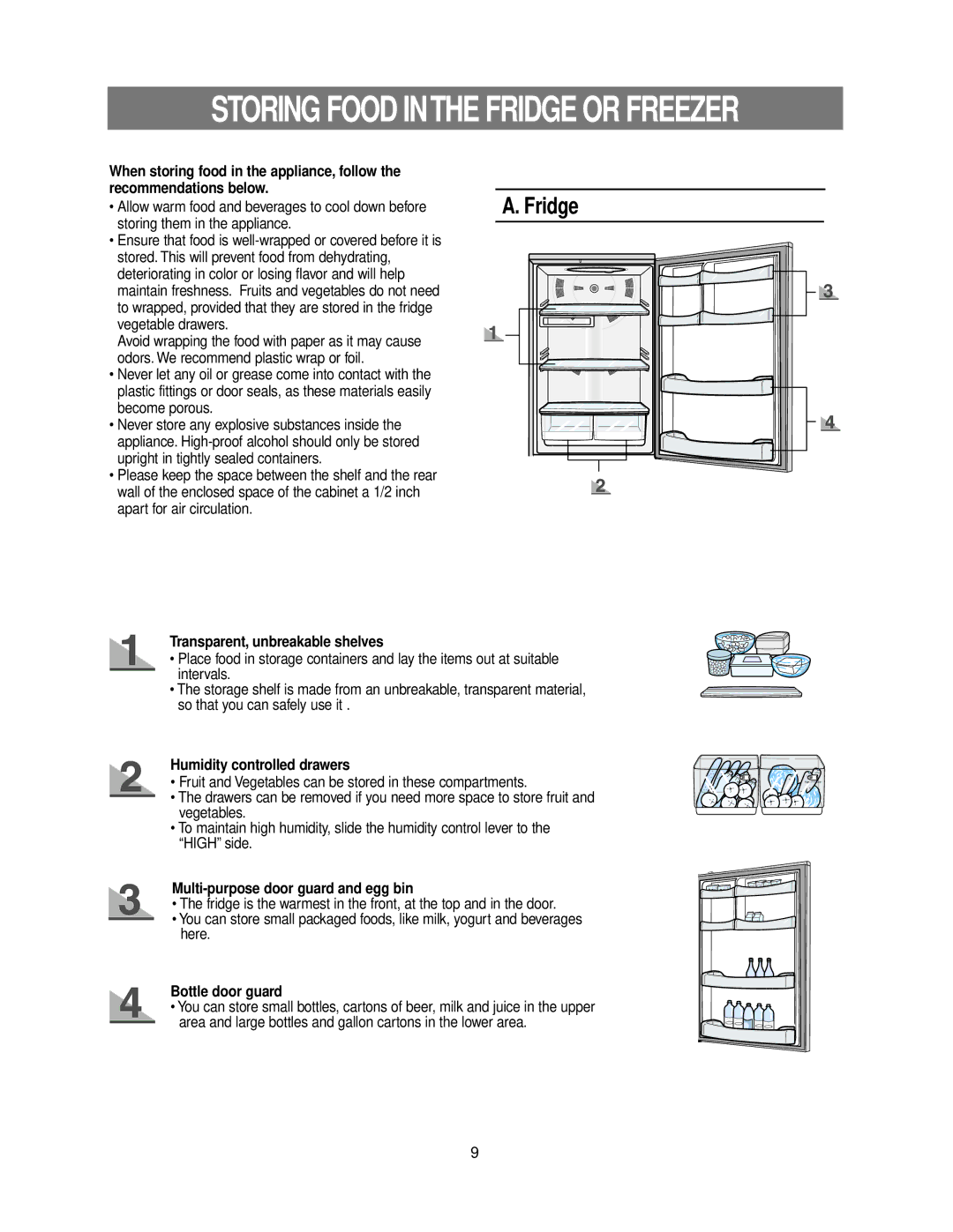 Samsung DA99-00926B owner manual Transparent, unbreakable shelves, Multi-purpose door guard and egg bin, Bottle door guard 