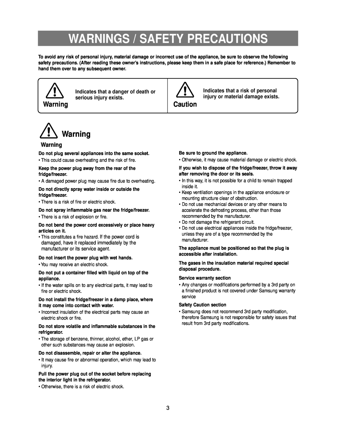 Samsung DA99-00926B owner manual Warnings / Safety Precautions, Indicates that a danger of death or serious injury exists 