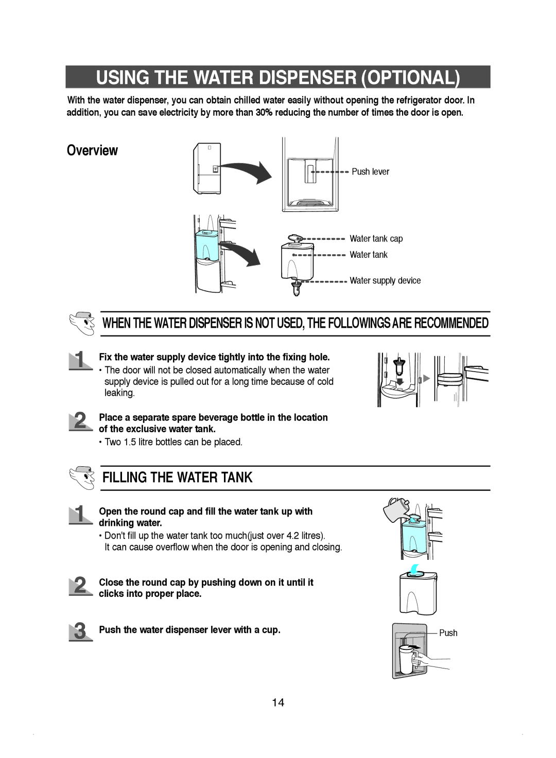 Samsung DA99-01220J Using the Water Dispenser Optional, Overview, Fix the water supply device tightly into the fixing hole 