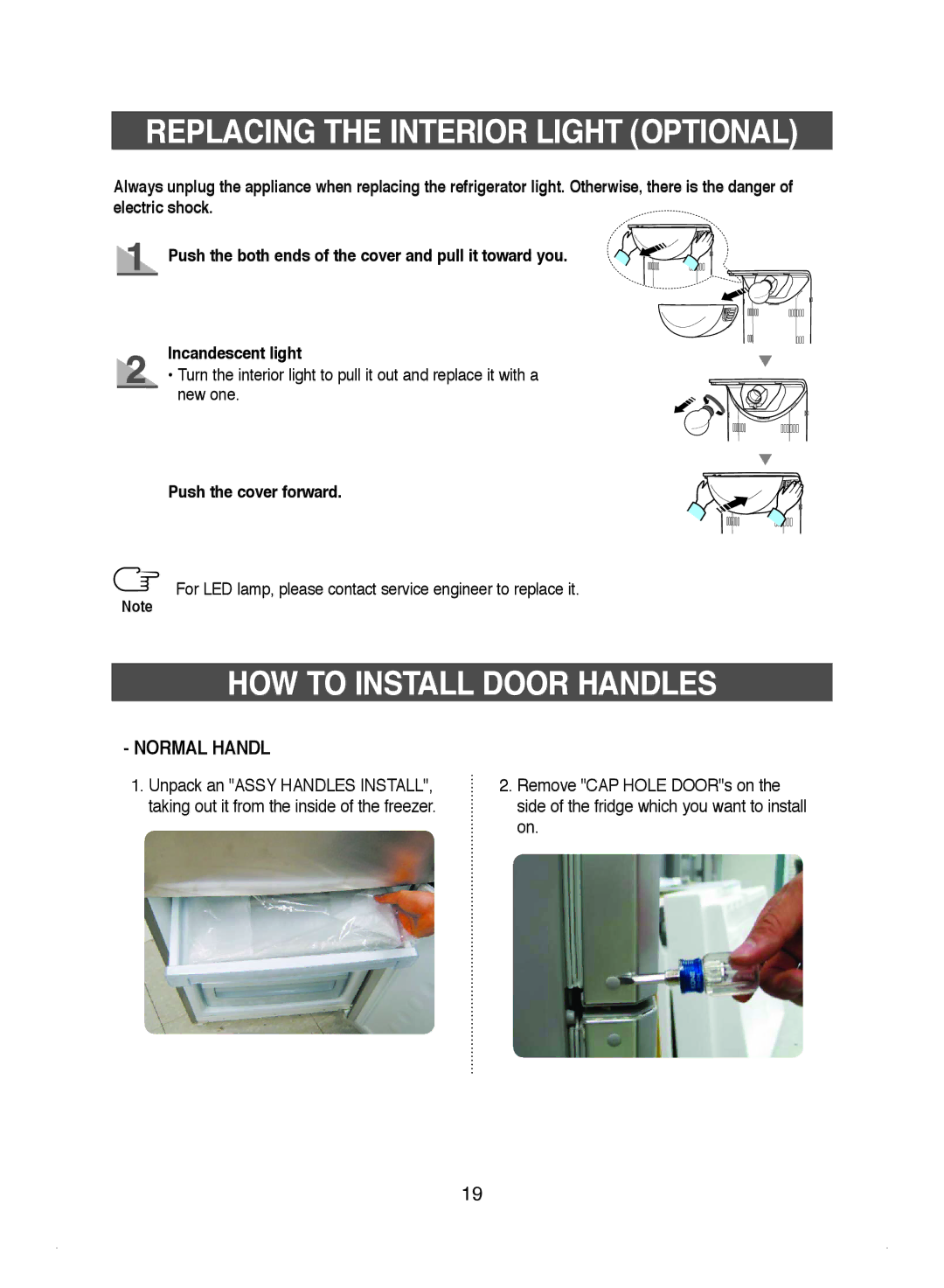 Samsung DA99-01220J manual Replacing the Interior Light Optional, HOW to Install Door Handles, Normal Handl 