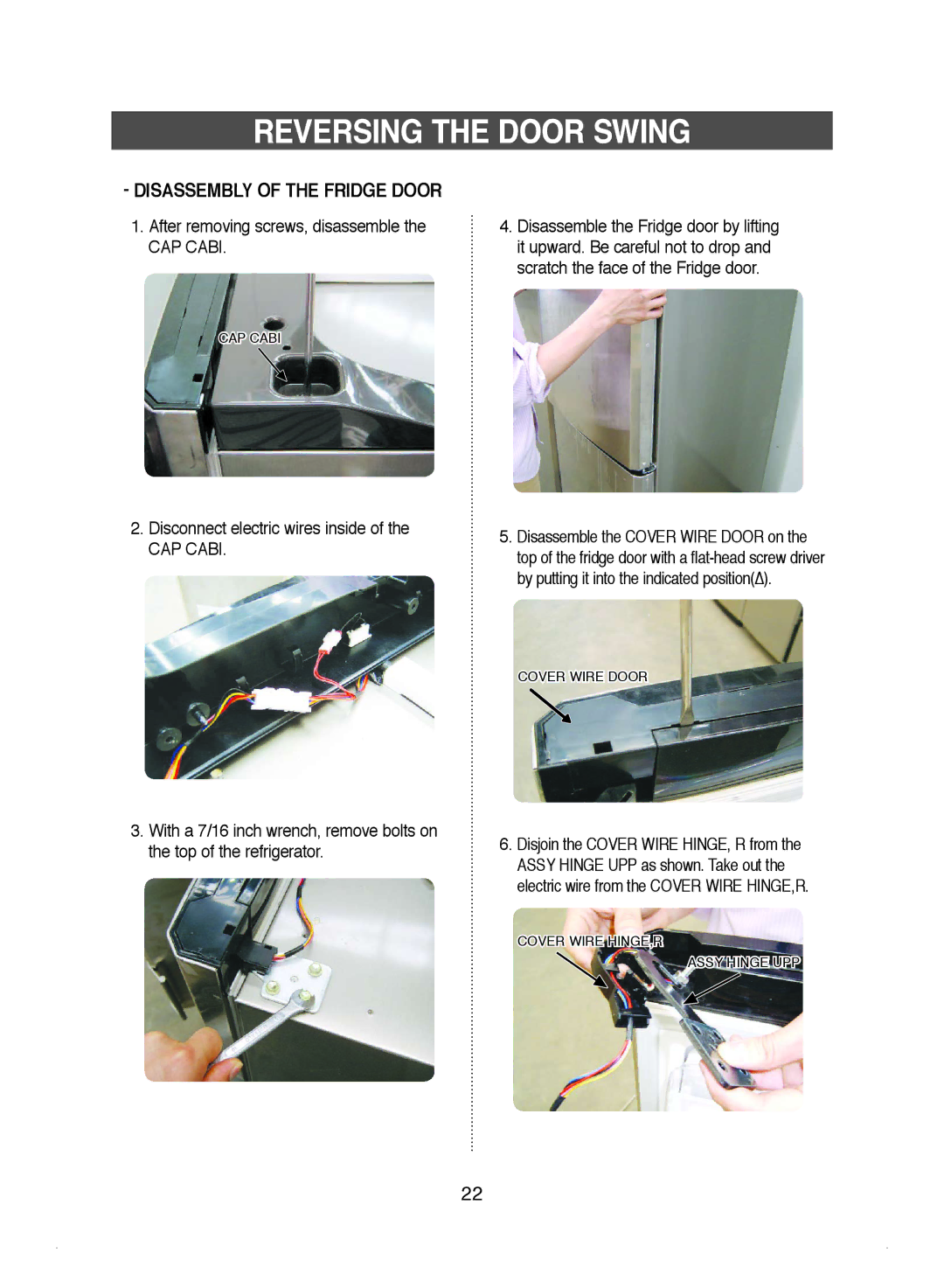 Samsung DA99-01220J Disassembly of the Fridge Door, After removing screws, disassemble, Disconnect electric wires inside 