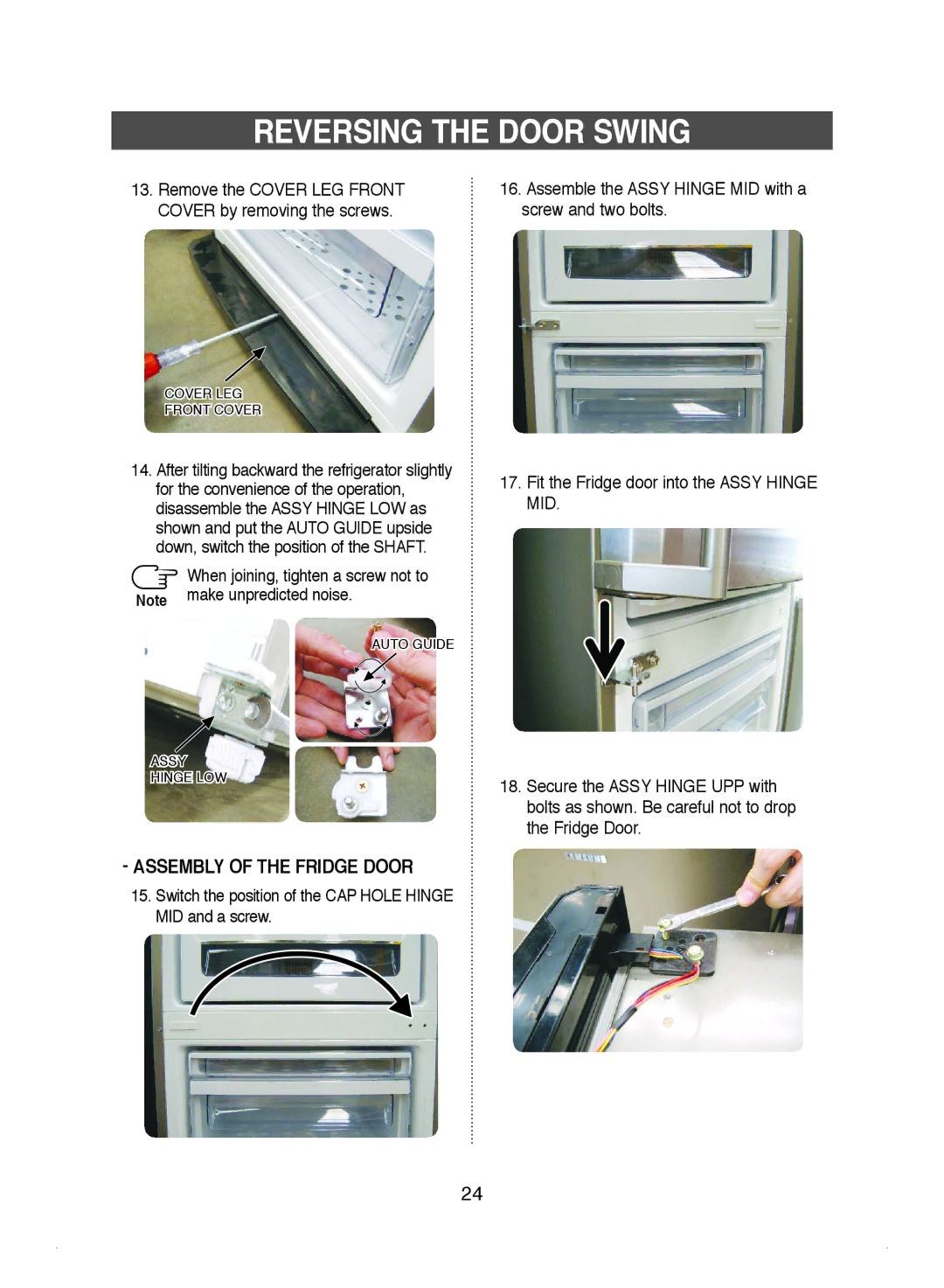 Samsung DA99-01220J manual Assembly of the Fridge Door, Assemble the Assy Hinge MID with a screw and two bolts 