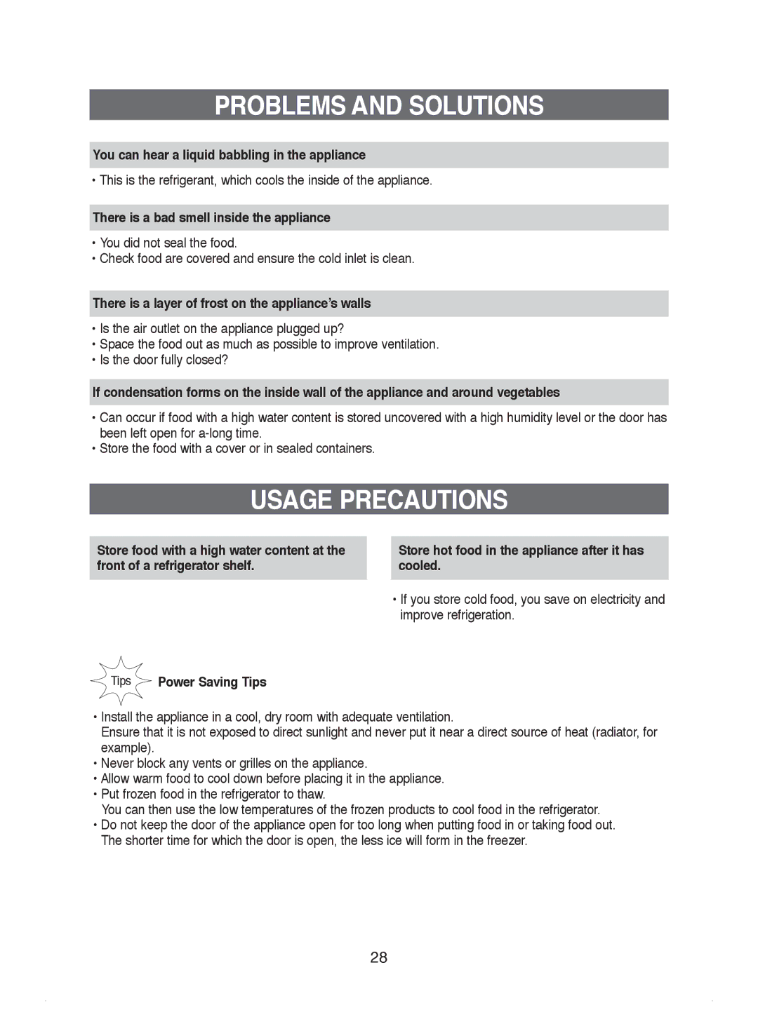 Samsung DA99-01220J manual Usage Precautions, You can hear a liquid babbling in the appliance, Tips Power Saving Tips 