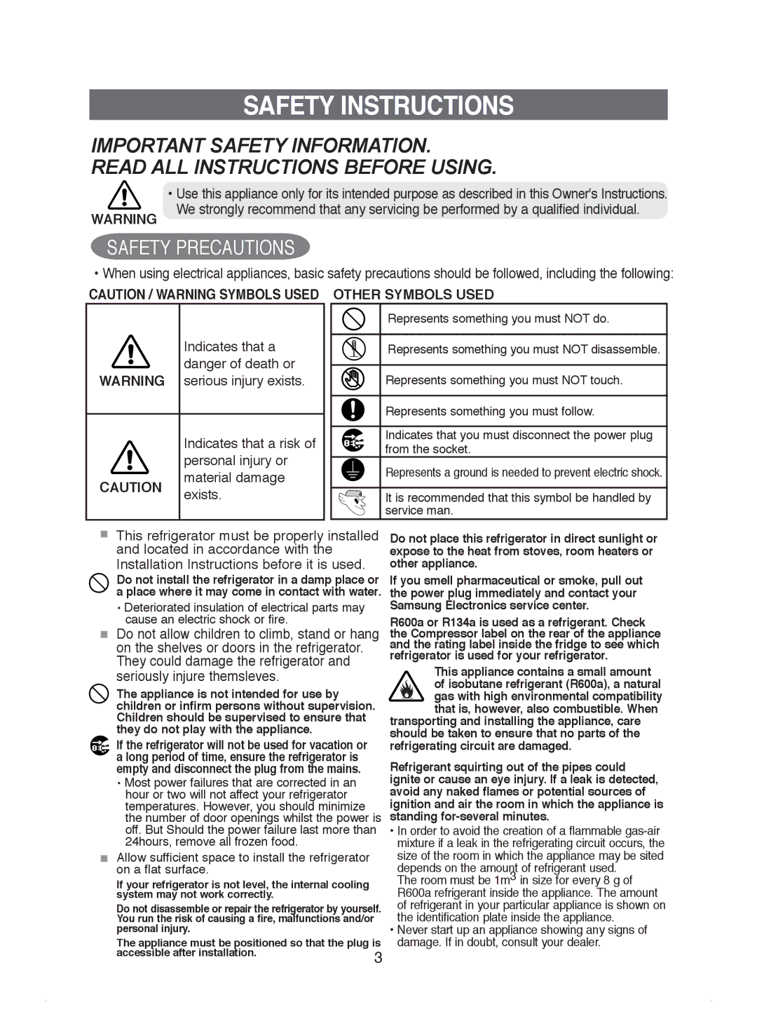 Samsung DA99-01220J Safety Instructions, Indicates that a Serious injury exists, Personal injury or Material damage Exists 