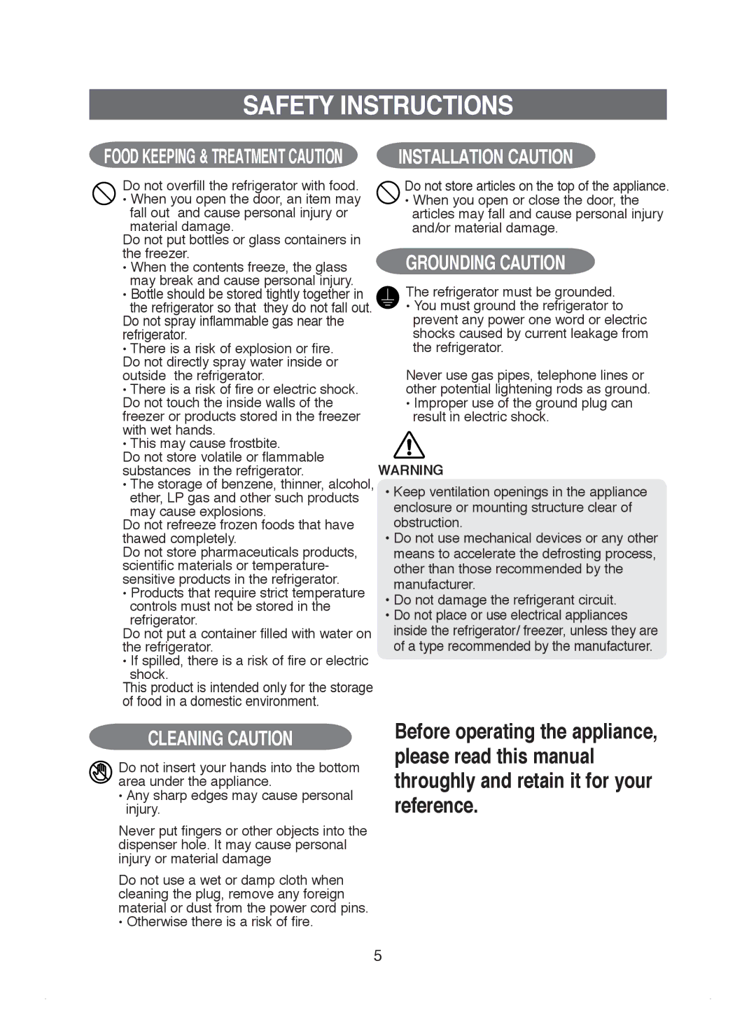 Samsung DA99-01220J manual Do not overfill the refrigerator with food, You must ground the refrigerator to, Shock, Injury 