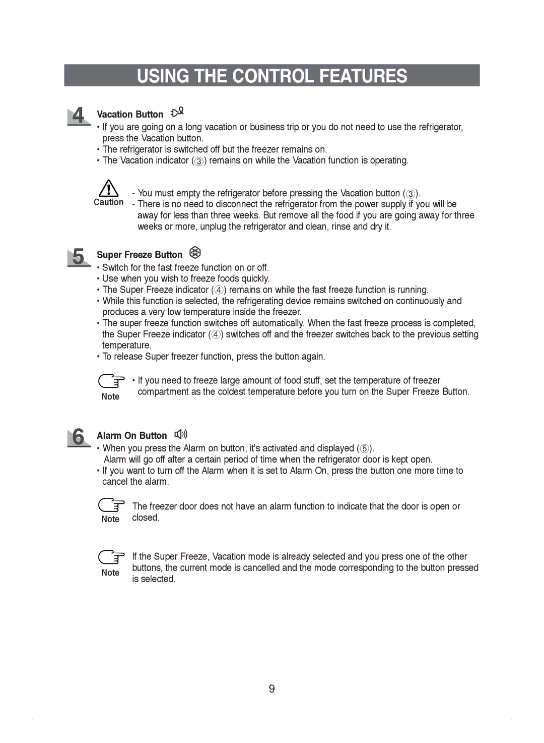 Samsung DA99-01220J manual Vacation Button, Super Freeze Button, Alarm On Button 