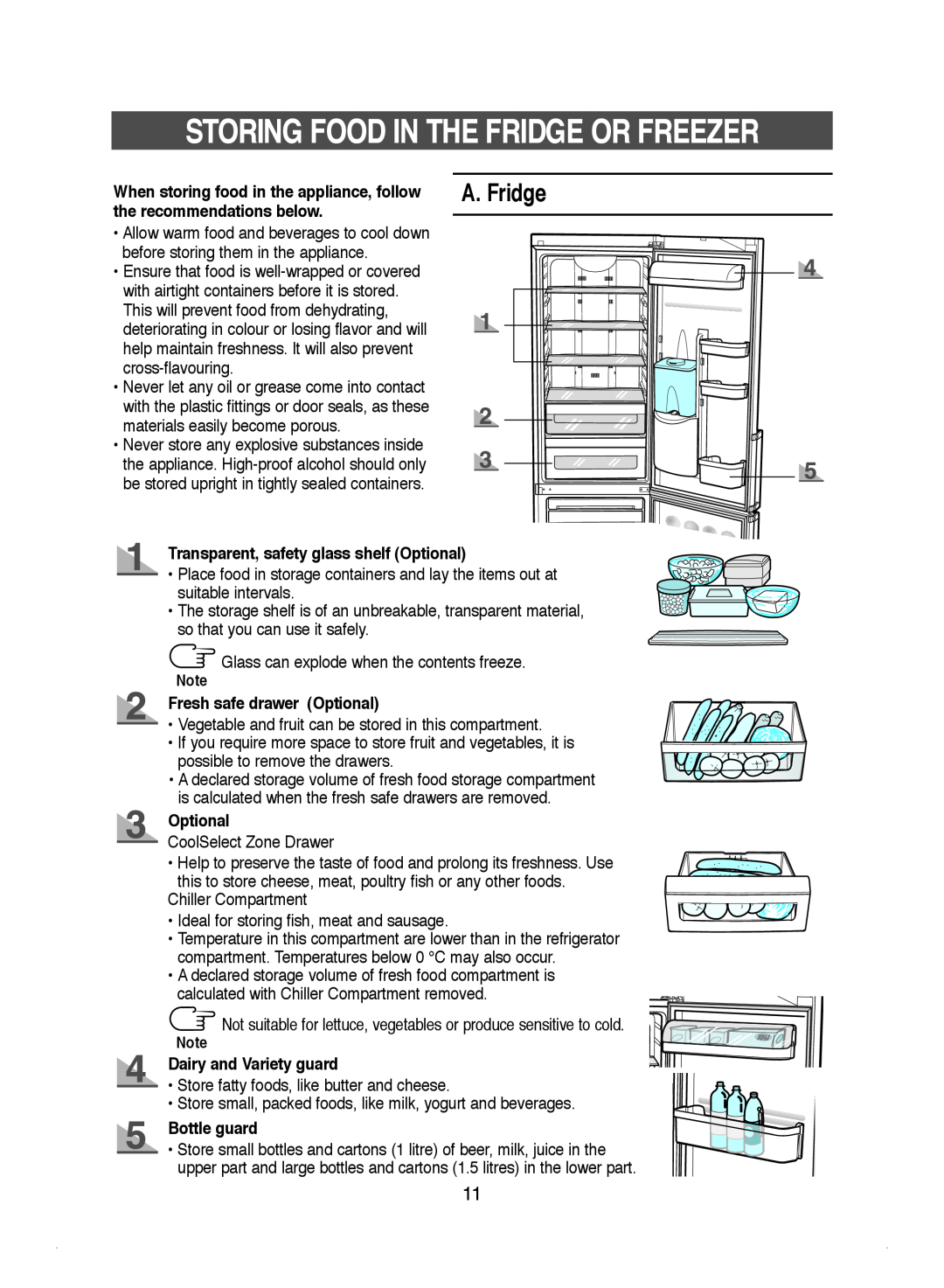 Samsung DA99-01220J Storing Food In The Fridge Or Freezer, A. Fridge, the recommendations below, Optional, Bottle guard 