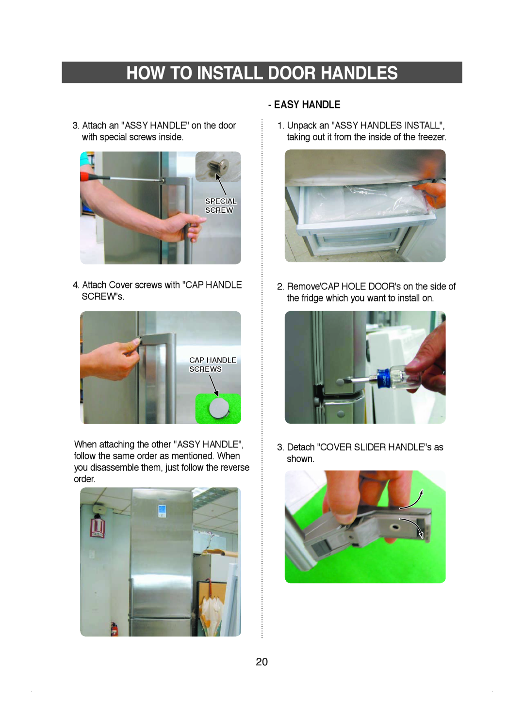 Samsung DA99-01220J manual Easy Handle, How To Install Door Handles 