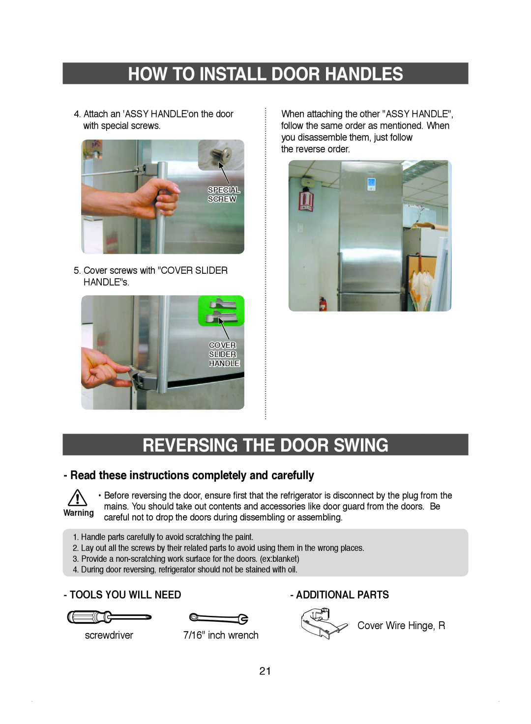 Samsung DA99-01220J manual Reversing The Door Swing, Read these instructions completely and carefully, Additional Parts 